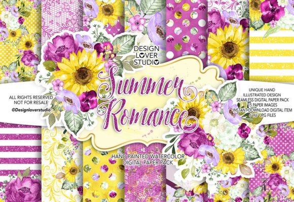 Download Watercolor SUMMER ROMANCE Digital Papers - Romance Collection